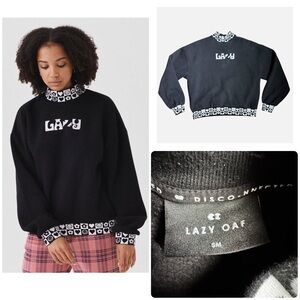 Lazy Oaf Black Logo Sweatshirt Hearts Trim Crewneck Pullover S/M Y2K Emo Y2k